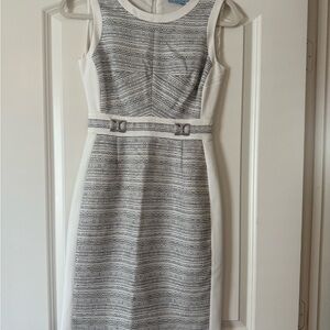 White and Gray Pleated Sheath Midi Dress